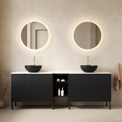 Meuble-lavabo double autoportant de 183 cm avec lavabo, 2 armoires de rangement rayées de 76 cm + étagère ouverte amovible de 30 cm, 2 lavabos à poser à motif pierre avec comptoir