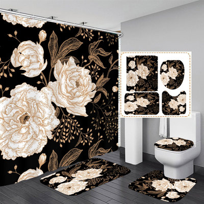 Ensemble de 4 pièces de salle de bain à feuilles en or rose avec rideau de douche et tapis, ensembles de rideau de douche à motif floral botanique avec tapis pour la salle de bain, rideau de douche noir durable pour ensemble de salle de bain