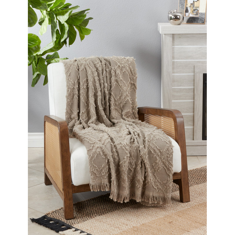Natural Cotton Fringe Waffle Weave Throw Blanket