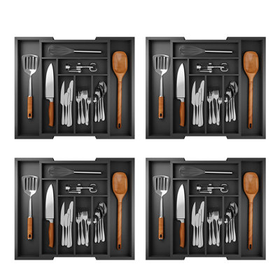 Bamboo Cutlery Drawer Organizer - Expandable Kitchen Utensil Tray For Cutlery, Cutlery, Spoons And Knives, 8 Slot Drawer Storage Organizer (Set Of 4)