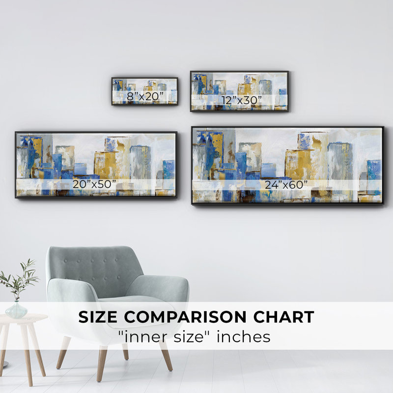 City Blues I- Framed Canvas, 12" H x 30" W