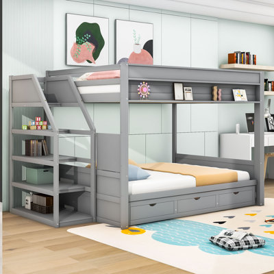 Harsirat Full Over Full 3 Drawer Futon Bunk Bed with Built-in-Desk by Harriet Bee