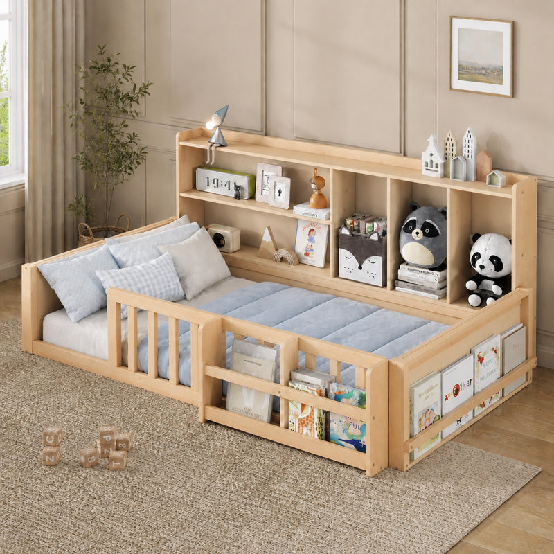 Cadre de lit au sol pour enfant avec barrières de sécurité, compartiments de rangement et tablette, 1 place, naturel, Naturel