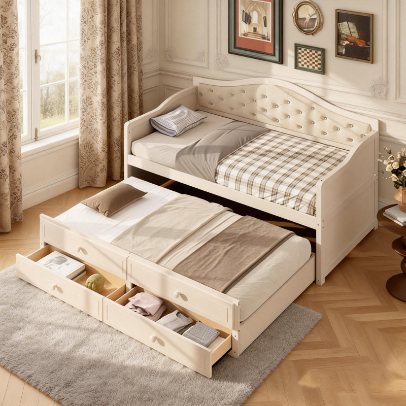 Twin Daybed With Trundle And Storage, Wooden Sofa Bed With Button Tufted Backrest For Living Room And Guest Room, Beige
