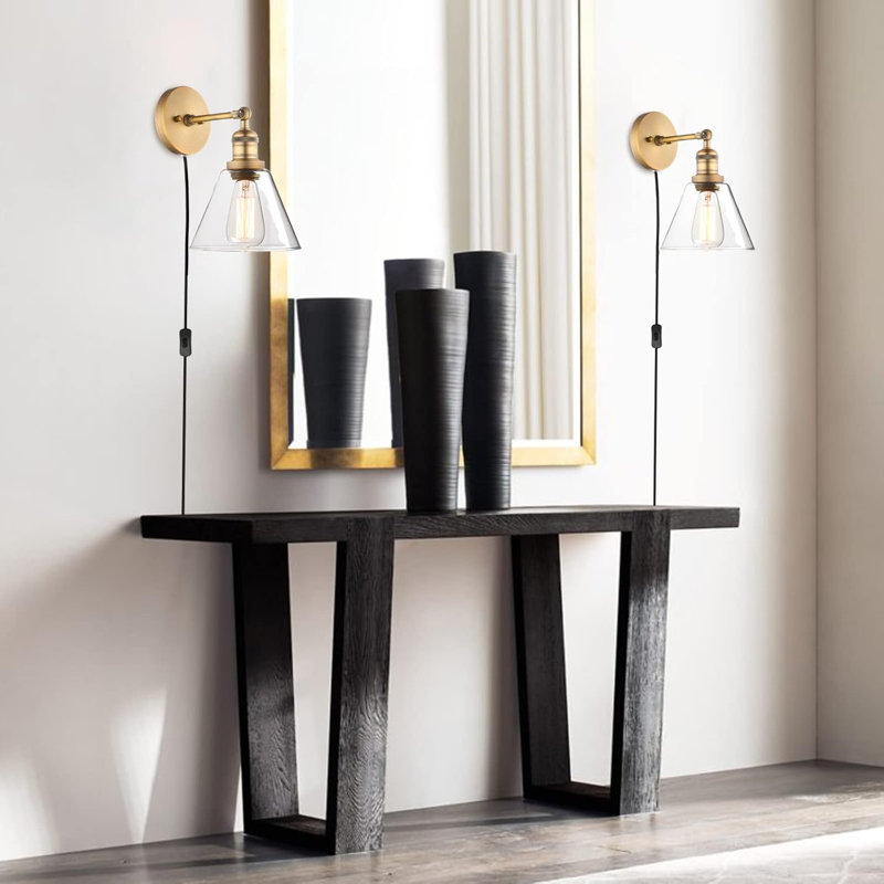 Phansthy Plug-In Wall Sconce Light With Cone Glass Shade, Adjustable Arm, And Swivel Switch For Bathroom Or Living Room