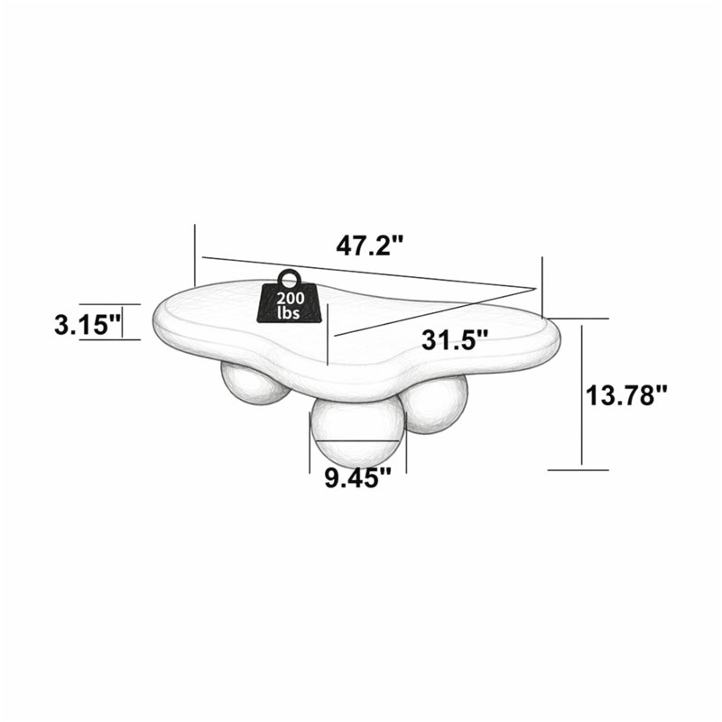 Table basse de 47 pouces en forme de nuage, table basse basse avec 3 pieds sphériques pour le salon, Rose