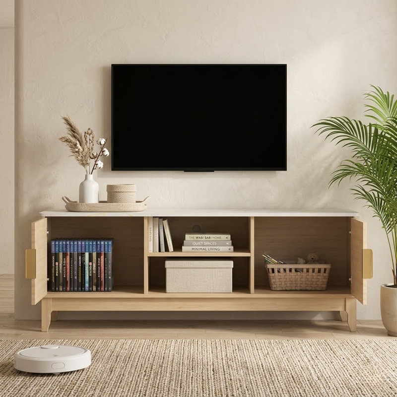 55" Media Console For Tvs Up To 65", Mid-century Modern Tv Stand With Fluted Panels And Faux Marble Top, Light Wood