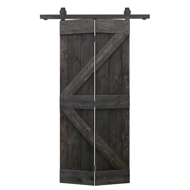 Porte de grange en bois pré-assemblée et pliante en deux parties avec quincaillerie coulissante, Noir anthracite