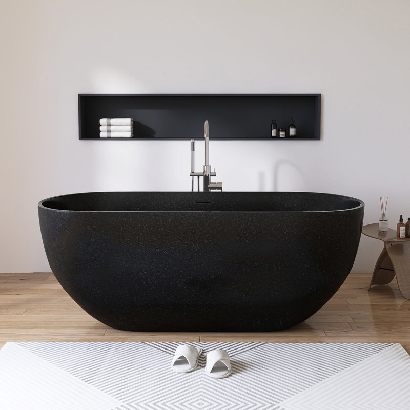  63" x 31" Freestanding Terrazzo Bathtub Solid Surface Soaking Tub, Black