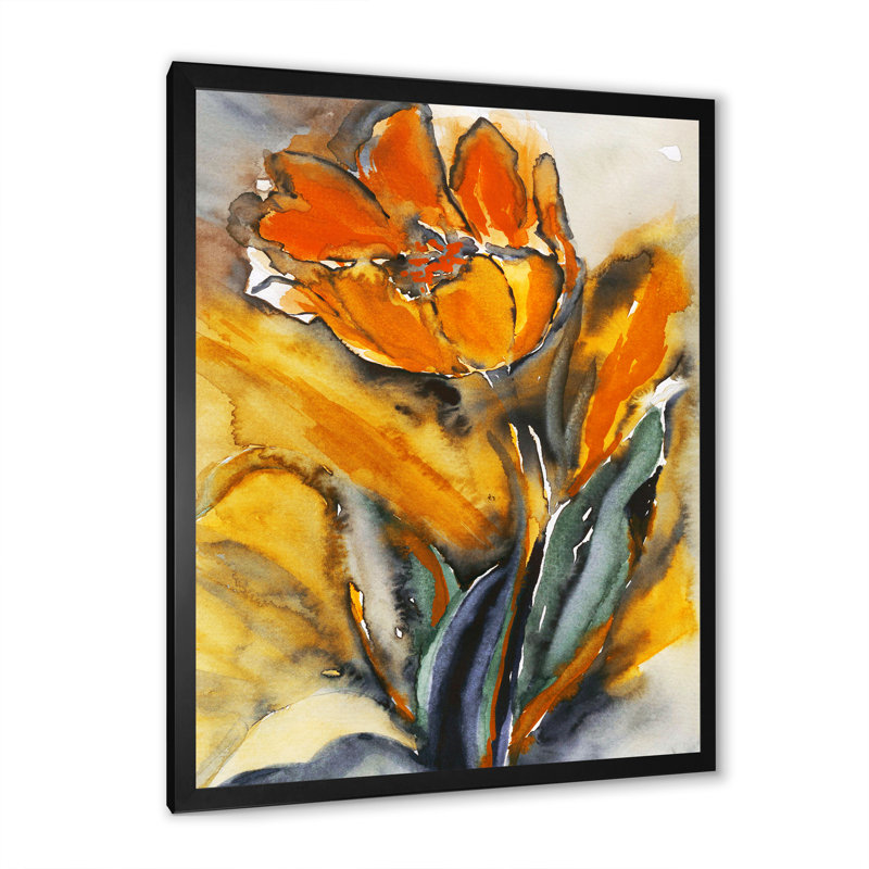 Fleur de tulipe jaune grunge - reproduction sur toile, H 12 po x l 8 po, Cadre noir