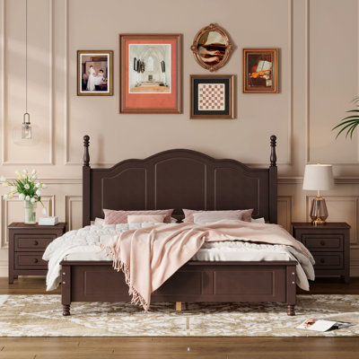 3-Pieces Bedroom Sets,Queen Size Wood Platform Bed  And Two Nightstands-Dark Walnut