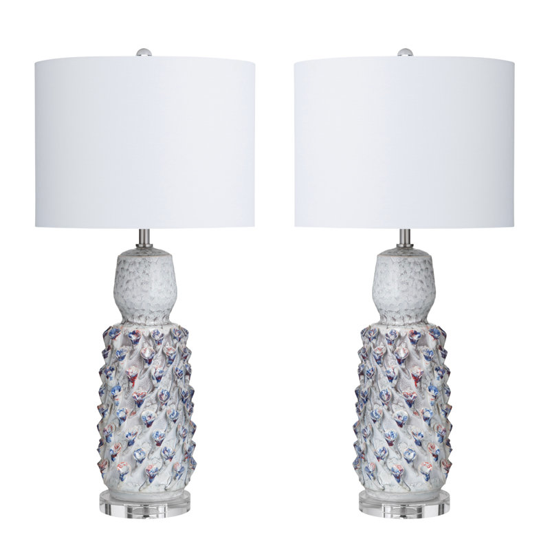 Set Of 2 Textured Ceramic Lamps With Drum Shades