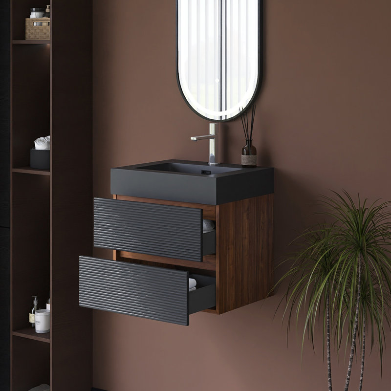 Wall-Mounted Bathroom Vanity With Integrated Solid Surface Basin, 24"