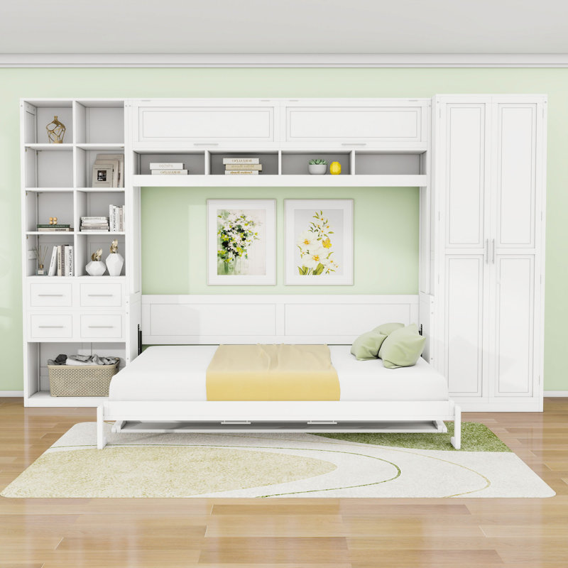 Lit escamotable Elegance avec rabat latéral avec tiroirs et tablettes, Blanc, Grand lit