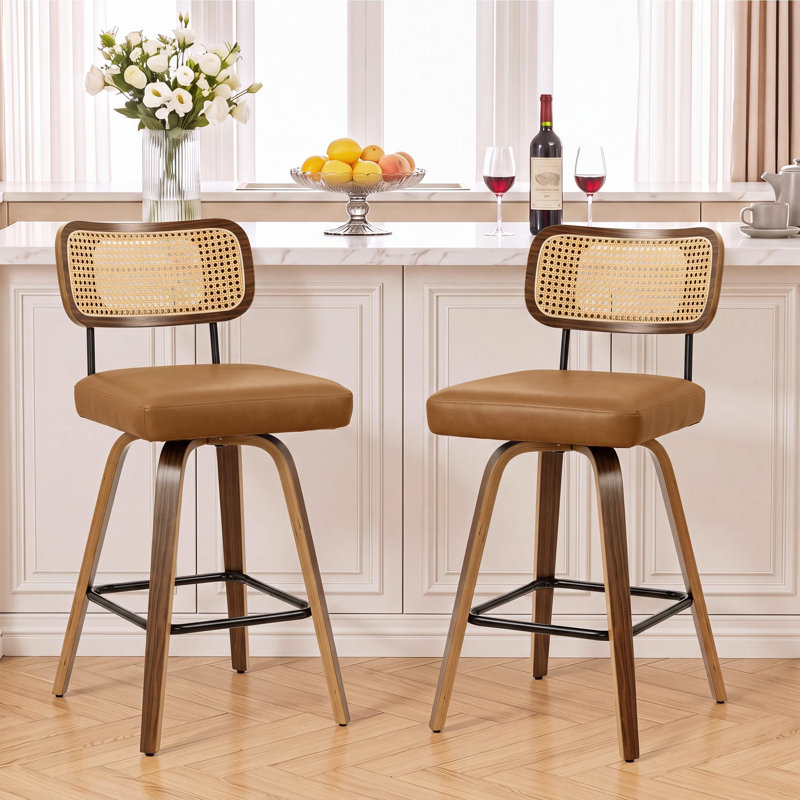Ensemble de 2 tabourets pivotants à hauteur de comptoir avec dossier en rotin, Brown, 2