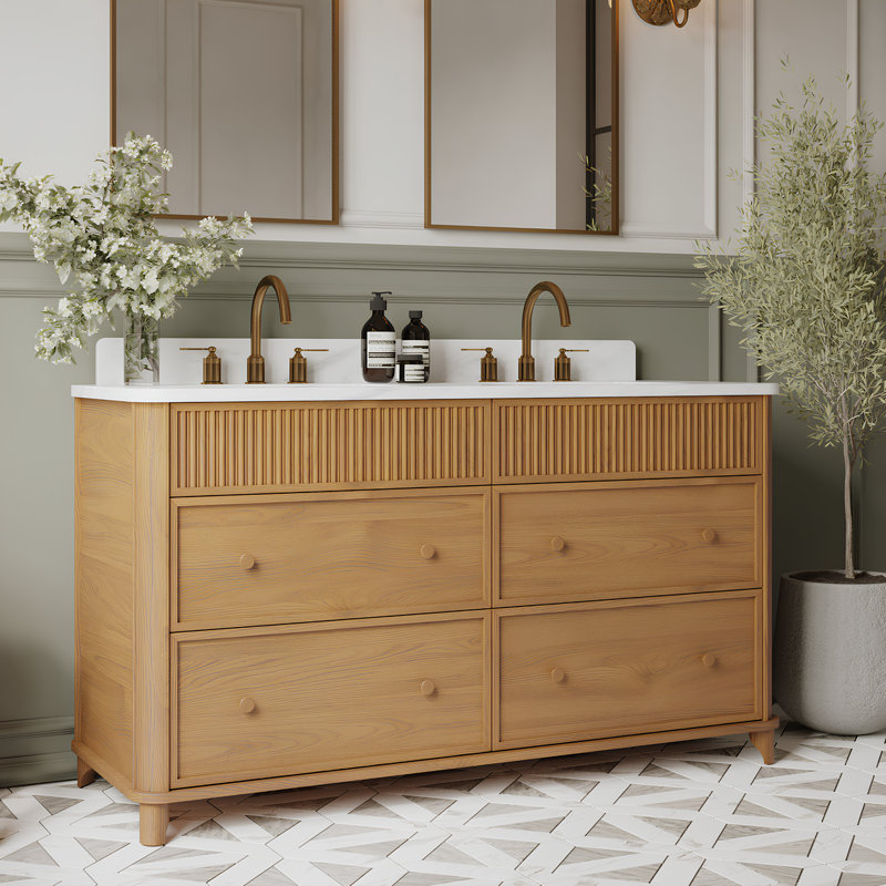 Meuble-lavabo double 60 po avec plateau en quartz Statuario Kennedy, Chêne naturel rehaussé, 60"