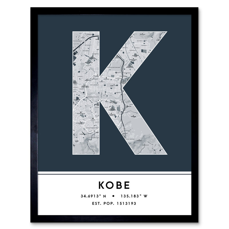 Kobe City Map Kobe Navy - Single Picture Frame Typography