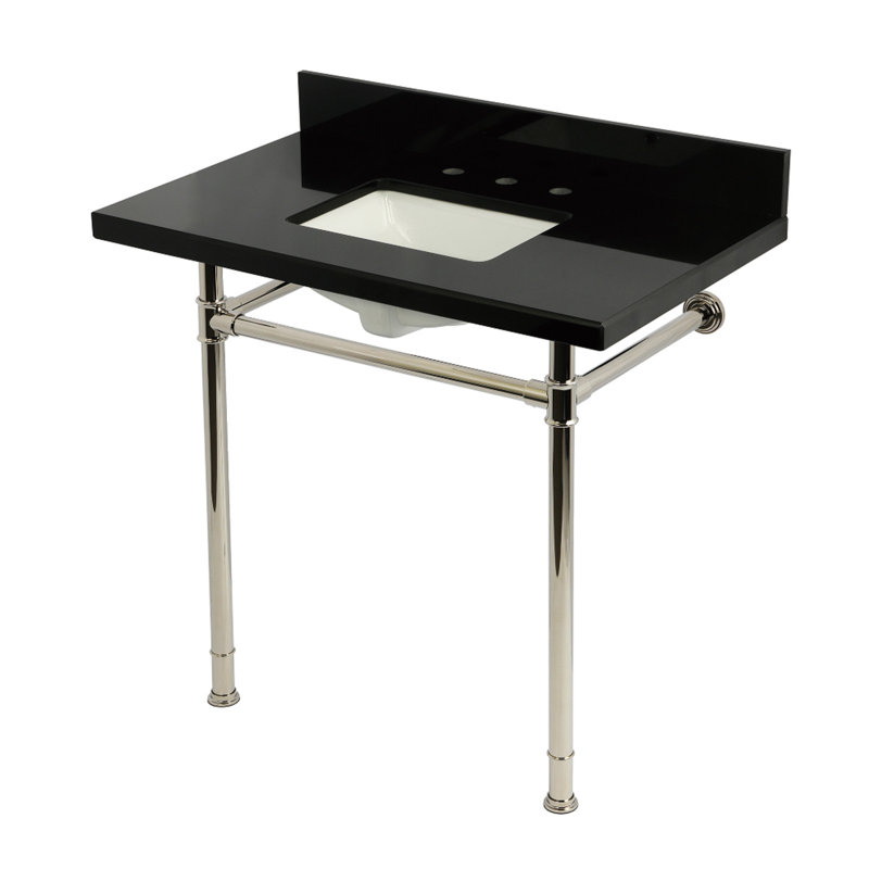 Kingston Brass Imperial 36-Inch Black Granite Console Sink with Stainless Steel Legs (8-Inch, 3-Hole), Polished Nickel