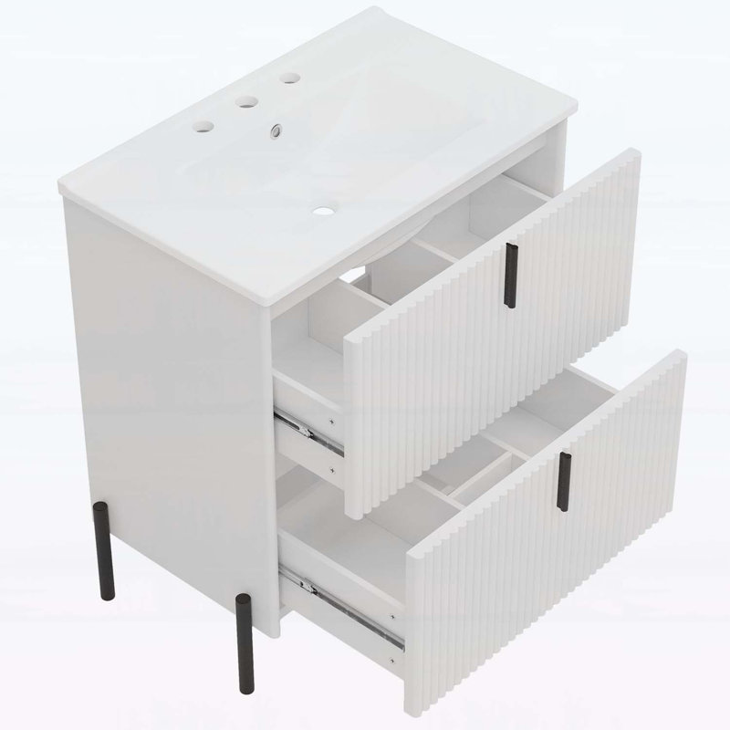 Meuble-lavabo de 30 pouces avec lavabo en céramique, conception cannelée et tiroirs à fermeture en douceur, Blanc/Noir