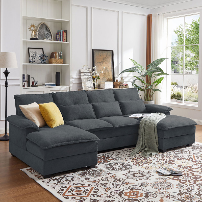 109.84" U Shaped Double Layer Soft Sofa with Toss Pillows, Gray Fabric