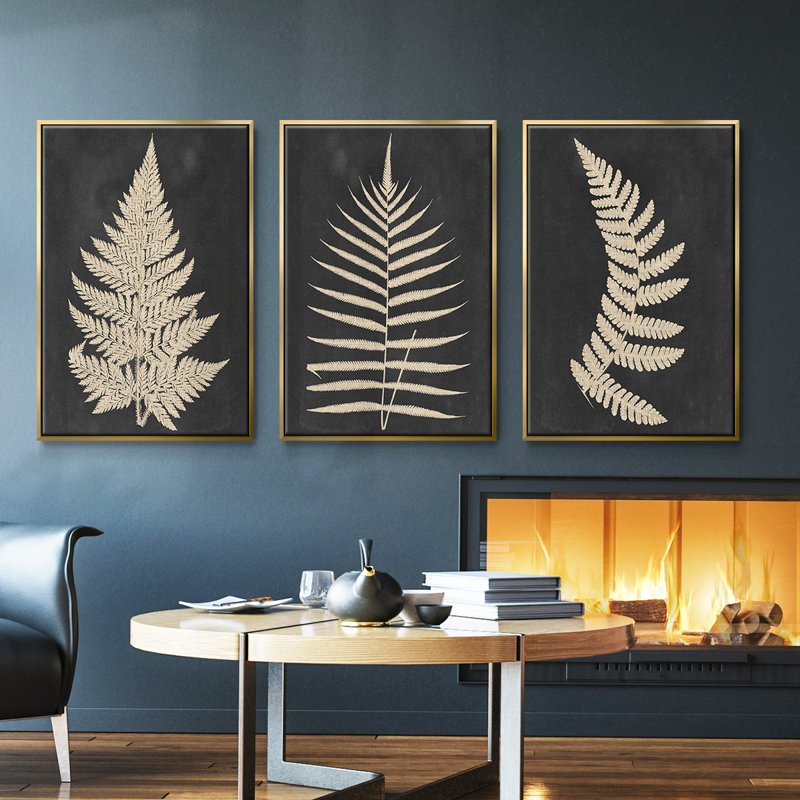 Linen Fern I - ensemble de 3 reproductions sur toile, Or, H 27 po x l 54 po x P 2 po