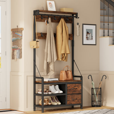 5-In-1 Entryway Hall Tree With Shoe Bench, Coat Rack With 17 Hooks, Top Shelf, Fabric Drawers & Extra Large Shoe Storage by 17 Stories