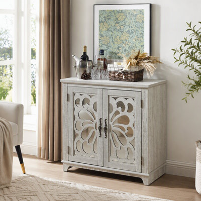 Meuble de rangement d'appoint autoportant, buffet en MDF, portes sculptées en miroir acrylique, étagère réglable, grand plateau, sangles anti-basculement, montage facile pour salon, entrée ou cuisine