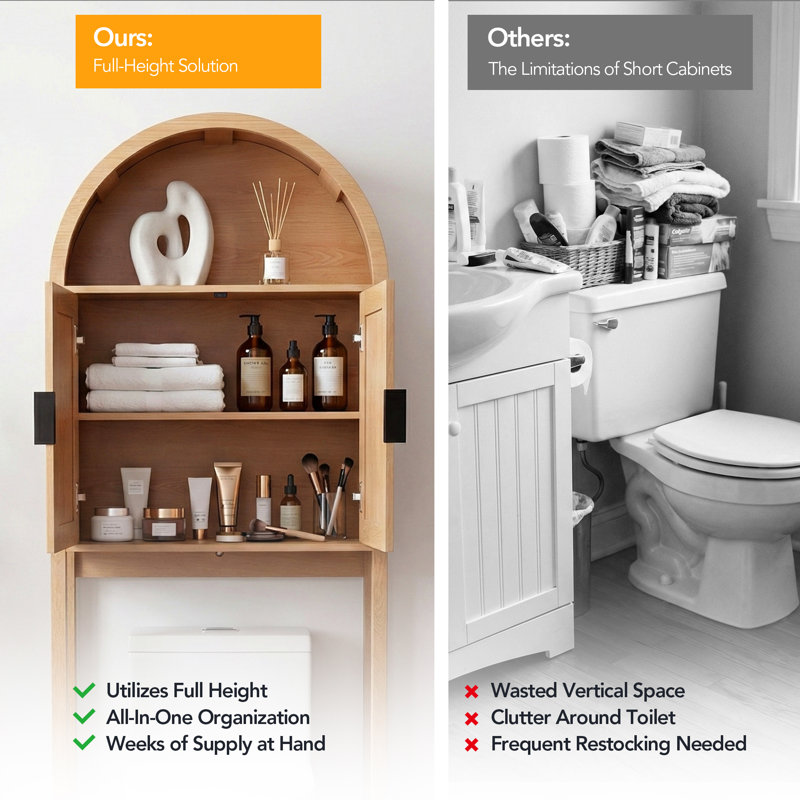 Aesthetic Arched Over-the-toilet Storage Cabinet, 71" Extra Tall Bathroom Organizer With 3-level Adjustable Shelf And 0.6" Thick Solid Frame, Natural Wood
