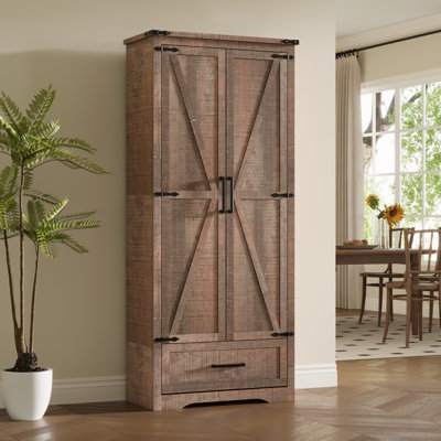 72" Farmhouse Food Pantry Cabinet,kitchen Storage With Barn Door Adjustable Shelves And Drawer