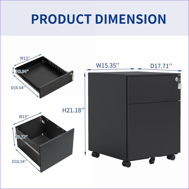File Cabinets 2 Drawer Mobile Lockable Steel Filing Cabinet for Home Office | Black | Office