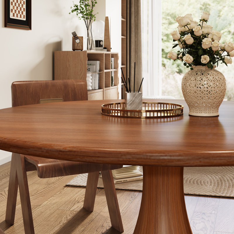 Ensemble de table de salle à manger Mid-Century ronde en bois massif avec chaises en rotin, 7 pièces : table, 6 chaises