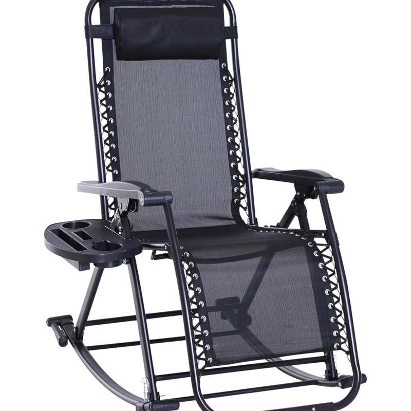 Méridienne Gravity, chaise berçante pliante d'extérieur pliable avec coussin, tasse et plateau pour téléphone, noir et acier