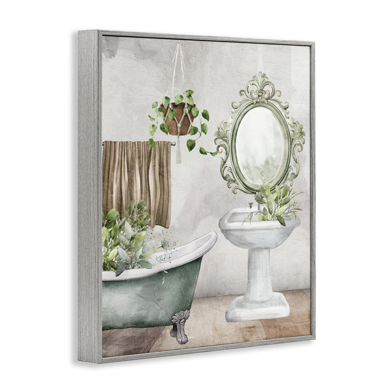 «Bath Greens Botanical Tub», estampe numérique, design par Kim Allen, H 30 po x l 24 po, Estampe numérique Farmhouse