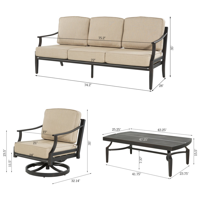Tamarin 4 Pieces Outdoor/indoor Aluminum Patio Swivel Conversation Seating Group With Sunbrella® Cushions And Coffee Table For 5 Person