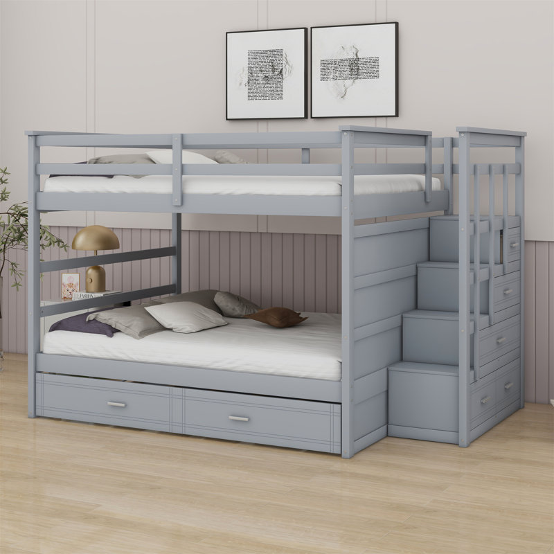 Bunk Bed With Trundle And Staircase, Gray