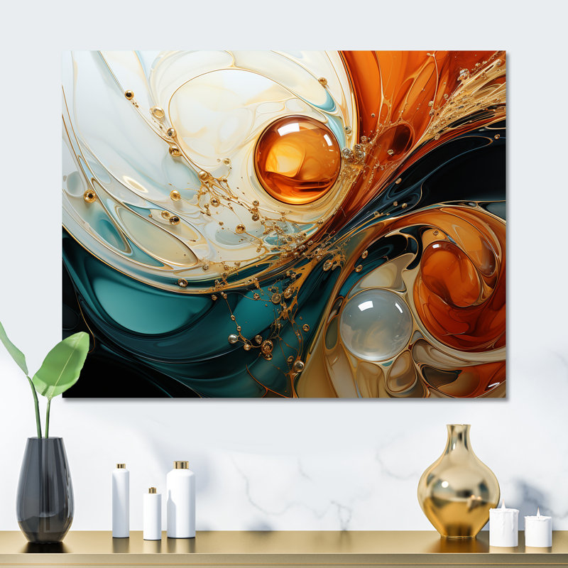 Orange et émeraude marbre marbre IV - art mural abstrait en métal MT137169, H 24 po x l 32 po x P 1 po