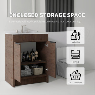Meuble-lavabo autoportant de 61 cm avec lavabo, porte à fermeture amortie, comptoir et dosseret en marbre de Carrare reconstitué de 1,5 cm, contreplaqué