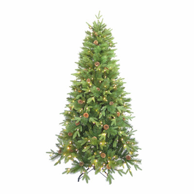 Tall 6' Christmas Pine Tree with Faux Pinecones and 300 Warm White LED Lights