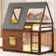 Lit superposé simple en bois avec toit et 2 fenêtres - Chêne et gris fumé, solide stabilité pour la chambre à coucher en gris, construction solide