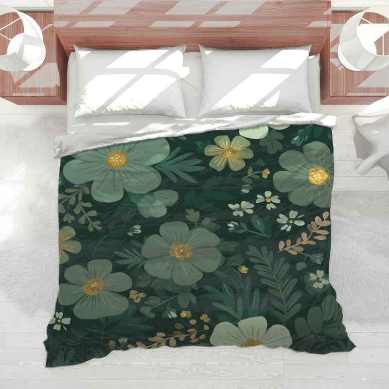 Édredon à motif floral Boho Boho, Édredon grand, Floral blanc / vert foncé