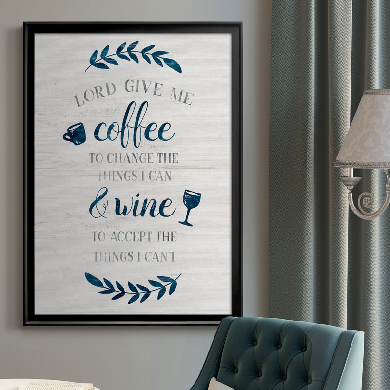 «Coffee and Wine», art textuel sur toile, H 30,5 po x l 42,5 po x P 1,5 po, Cadre noir