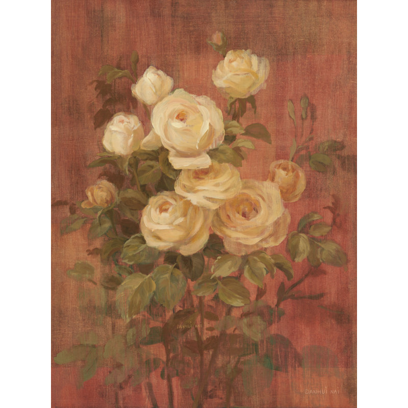 «Peach Roses on Red II» par Danhui Nai, H 32 po x l 24 po