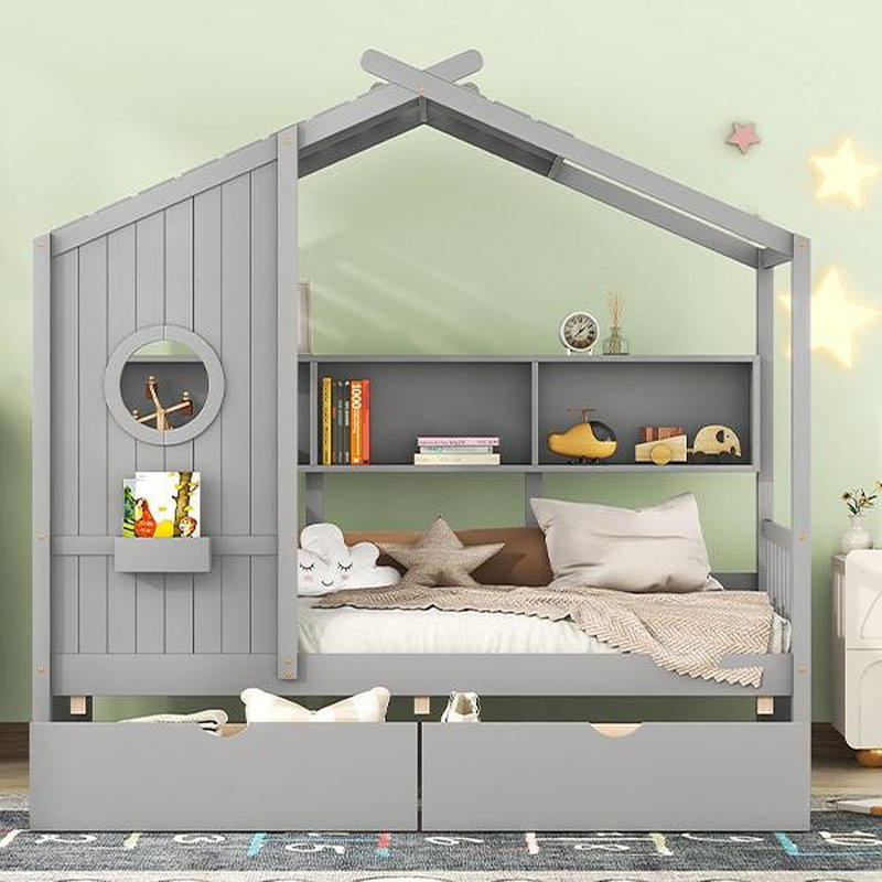 Lit simple en bois avec 2 tiroirs, lit pour enfant avec tablette de rangement, gris, Simple