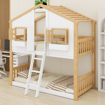 House Shape Bunk Bed for Kids with Roof Window Door Ladder Guardrails