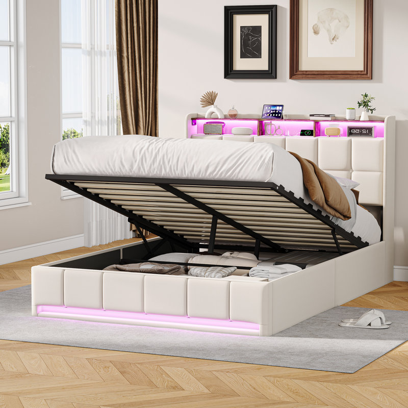 Upholstered Ottoman Storage Bed, Beige, European Double (140 x 200 cm)