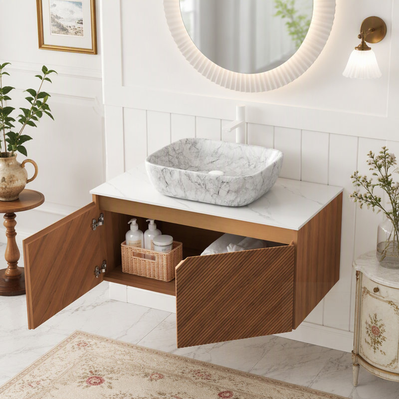 Wall Mounted Single Vanity Bathroom Vanity With Top, 15.75"H*35.83"W*19.69"D, Grey Stone Vessel