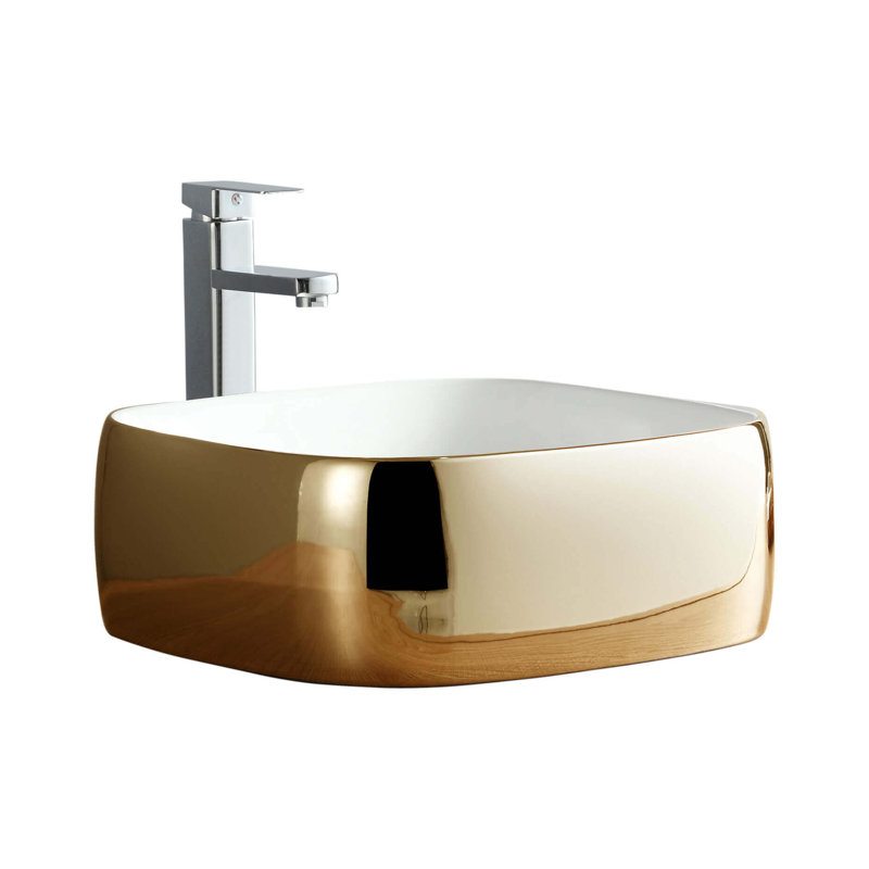 Modern Vitreous China Square Vessel Bathroom Sink, Gold
