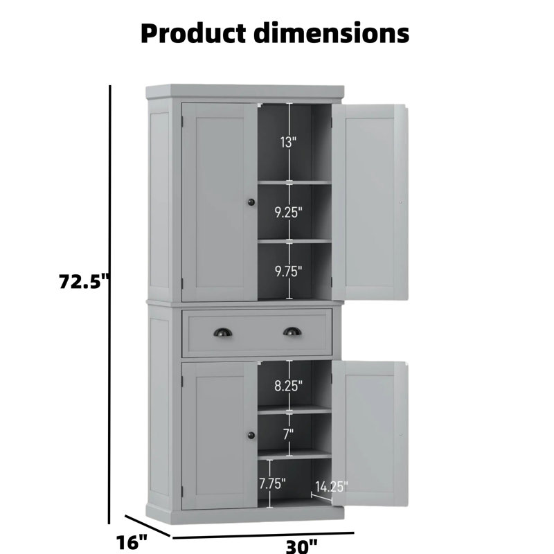 Armoire de rangement pour aliments 72,5 pouces, adaptée pour la cuisine, la salle à manger, la salle de bain ou le couloir, gris