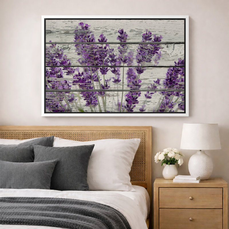 Œuvre d'art mauve lavande mauve sur fond effet bois, images murales rétro rustiques, impression sur toile encadrée, Blanc