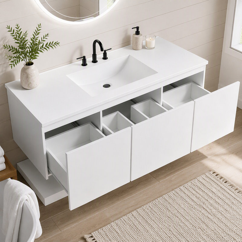 Meuble-lavabo mural de 48 pouces (122 cm) avec 3 tiroirs, une tablette inférieure ouverte et sans poignées.